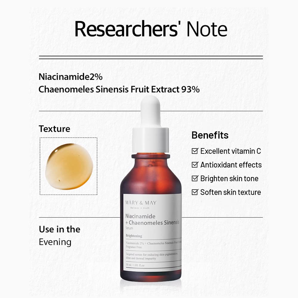 Mary&May Niacinamide + Chaenomeles Sinensis Serum, 2% Niacinamide and 93% Chaenomeles Sinensis extract to improve pigmentation and dermal impurity, Fragrance Free 1.01 fl oz