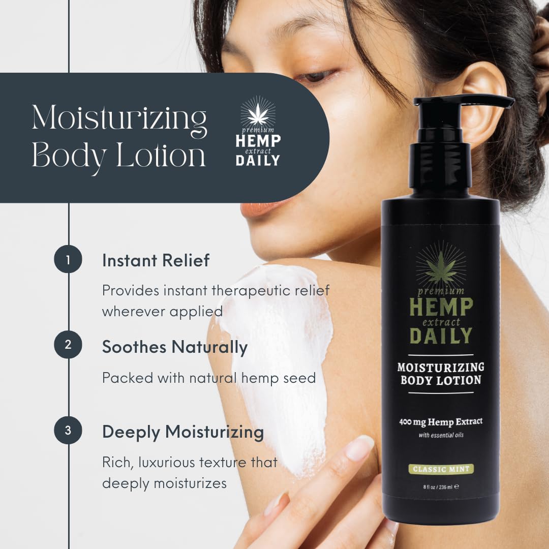 Premium Hemp Daily Ultra-Moisturizing Body Lotion - Face Moisturizer & Hand Cream - Dry Skincare Cream with Hemp Seed & Essential Oils - Classic Mint - 8oz (Pack of 1)