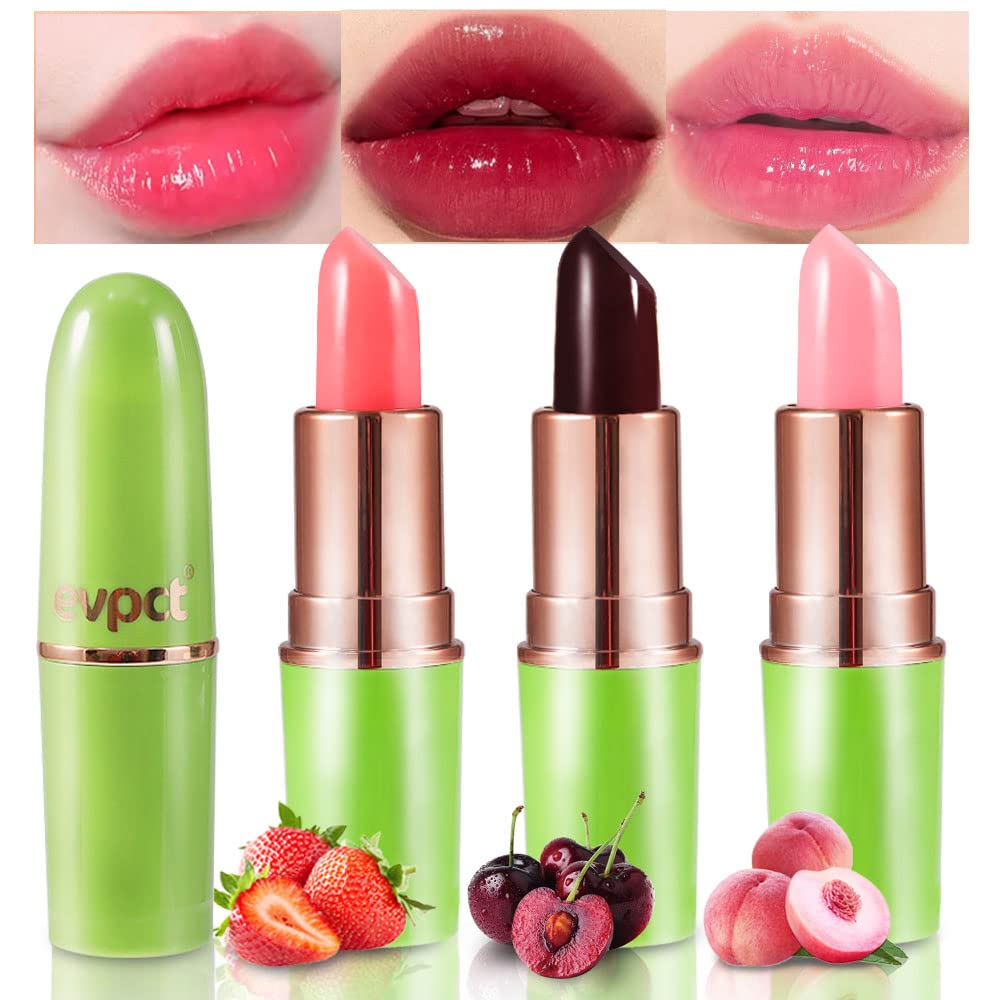 evpct 3Pcs Peach Strawberry Black Red Cherry Tinted Lip Balms PH Lip Color Changing Lipstick Stain Set Queen for Women Girls Korean Mood Long Lasting Color Change Light Pink Lipstick Lip Tint Gloss