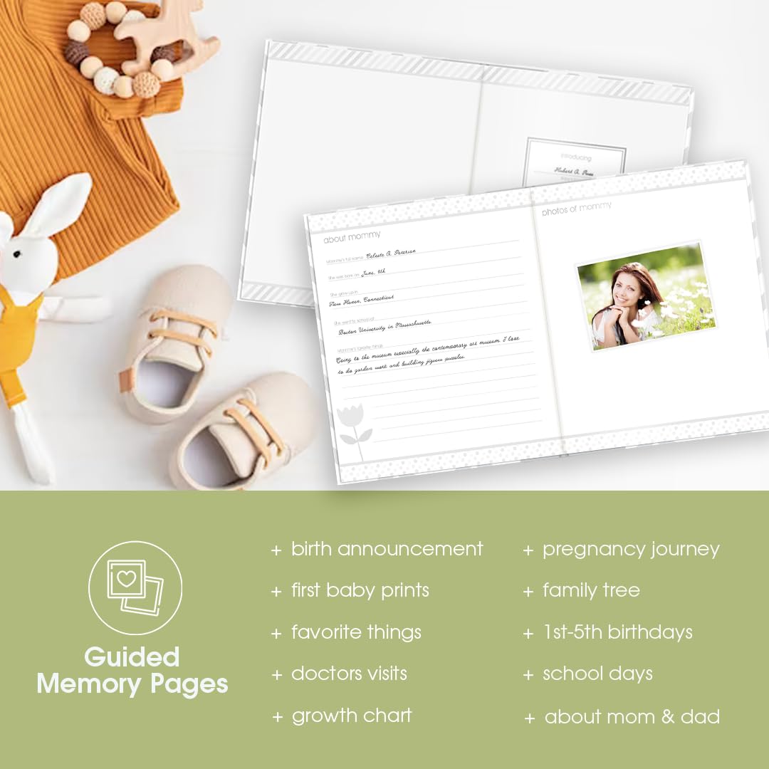 Pearhead First 5 Years Chevron Baby Memory Book, Clean-Touch Safe Ink Pad for Baby’s Handprint or Footprint, Gender Neutral Milestone And Pregnancy Gray