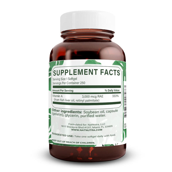 Natural Nutra Vitamin A 10,000 IU Softgels – High Potency Eye and Skin Vitamins – Gluten-Free Vitamin A Supplement for Sight & Skin Health – Fish Liver Oil for Men and Women, Gluten Free 250 Softgels