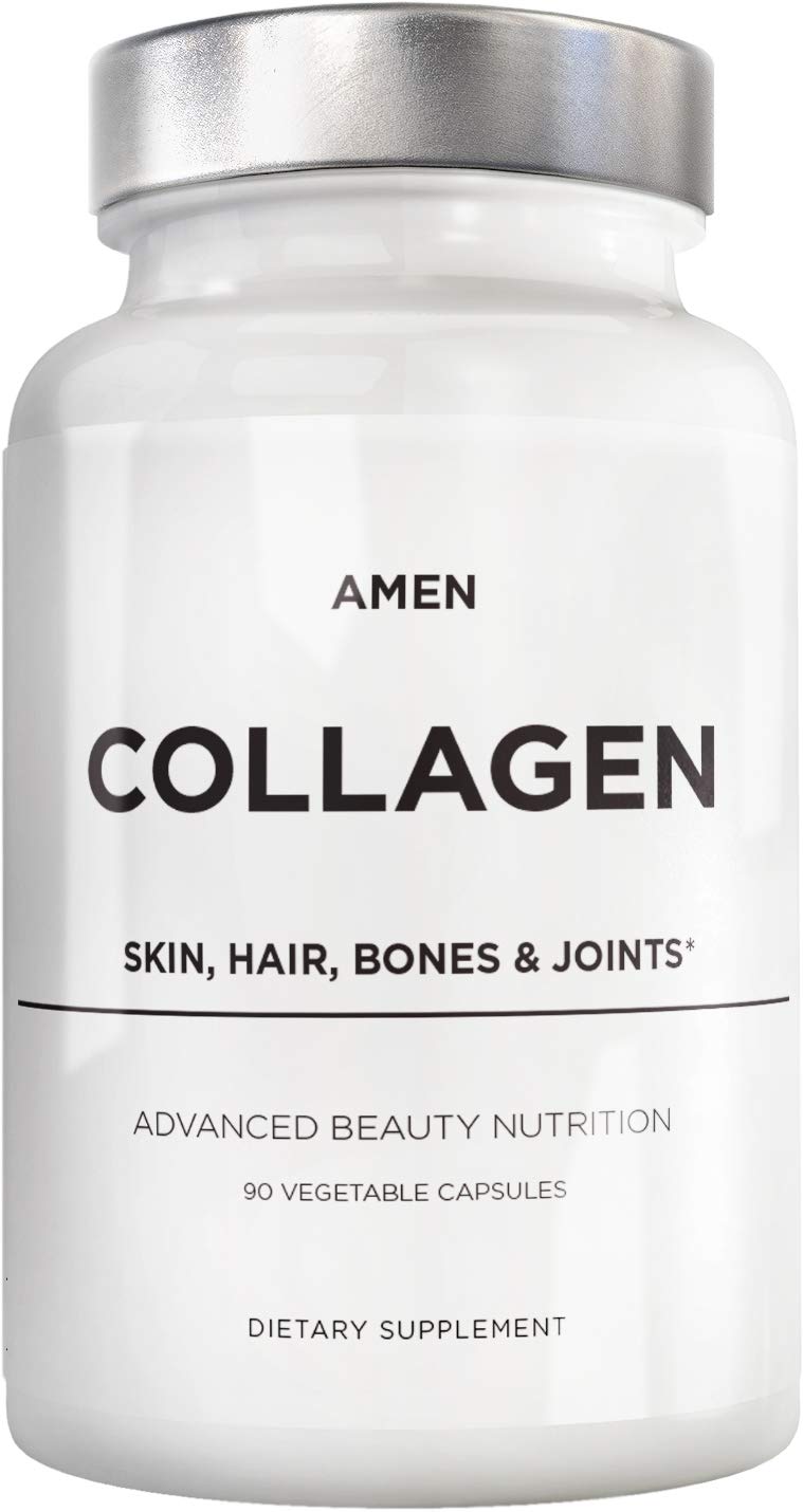 Amen Multi Collagen Peptides Capsules with Hyaluronic Acid and Vitamin C - 5 Types of Collagen Protein Type I, II, III, V, X - Grass Fed Hydrolyzed - 18 Amino Acids - Collagen Supplement - 90 Pills