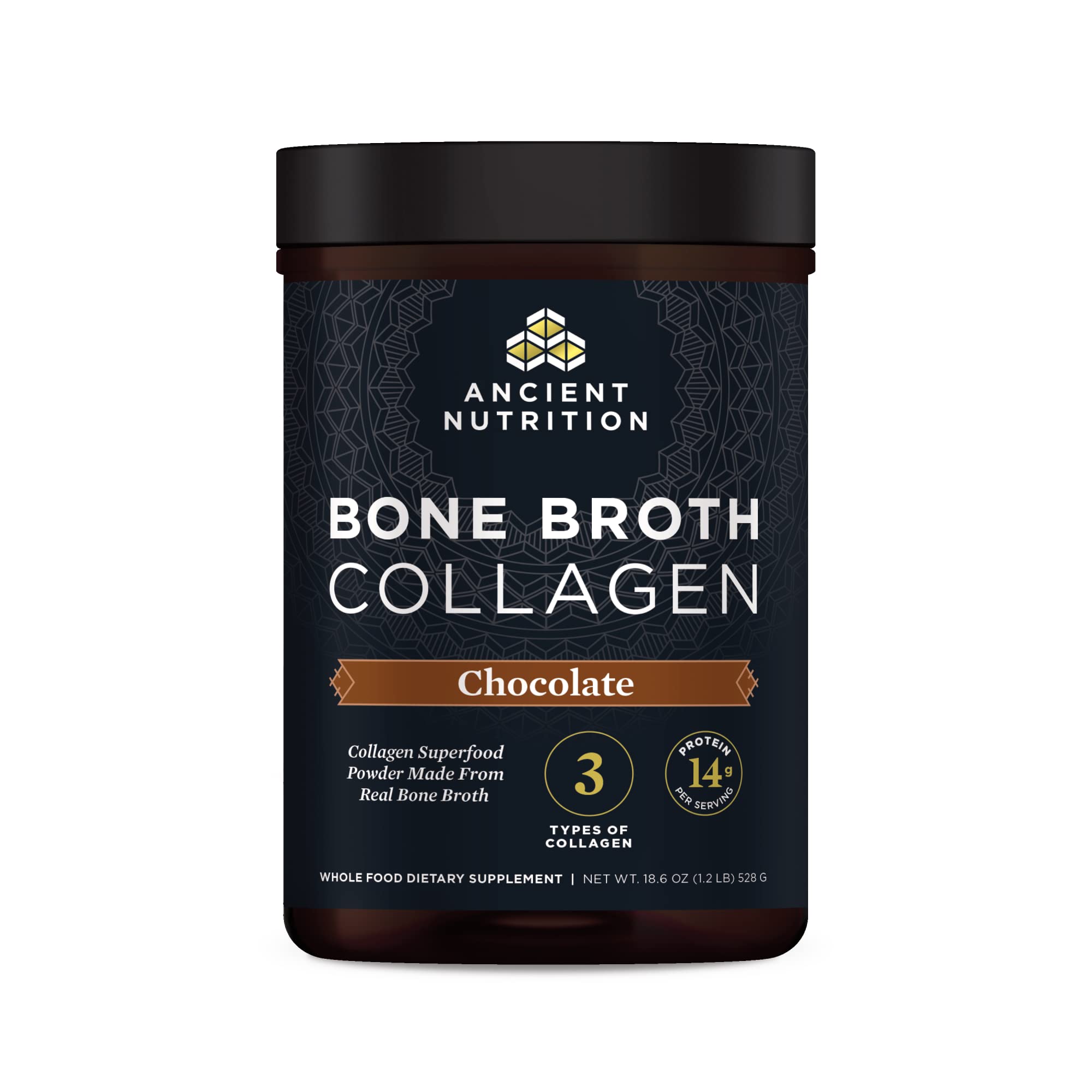 Collagen Powder, Bone Broth Collagen by Ancient Nutrition, Chocolate, Hydrolyzed Multi Collagen Peptides, Supports Skin and Nails, Joint Supplement, 30 Servings, 18.6oz