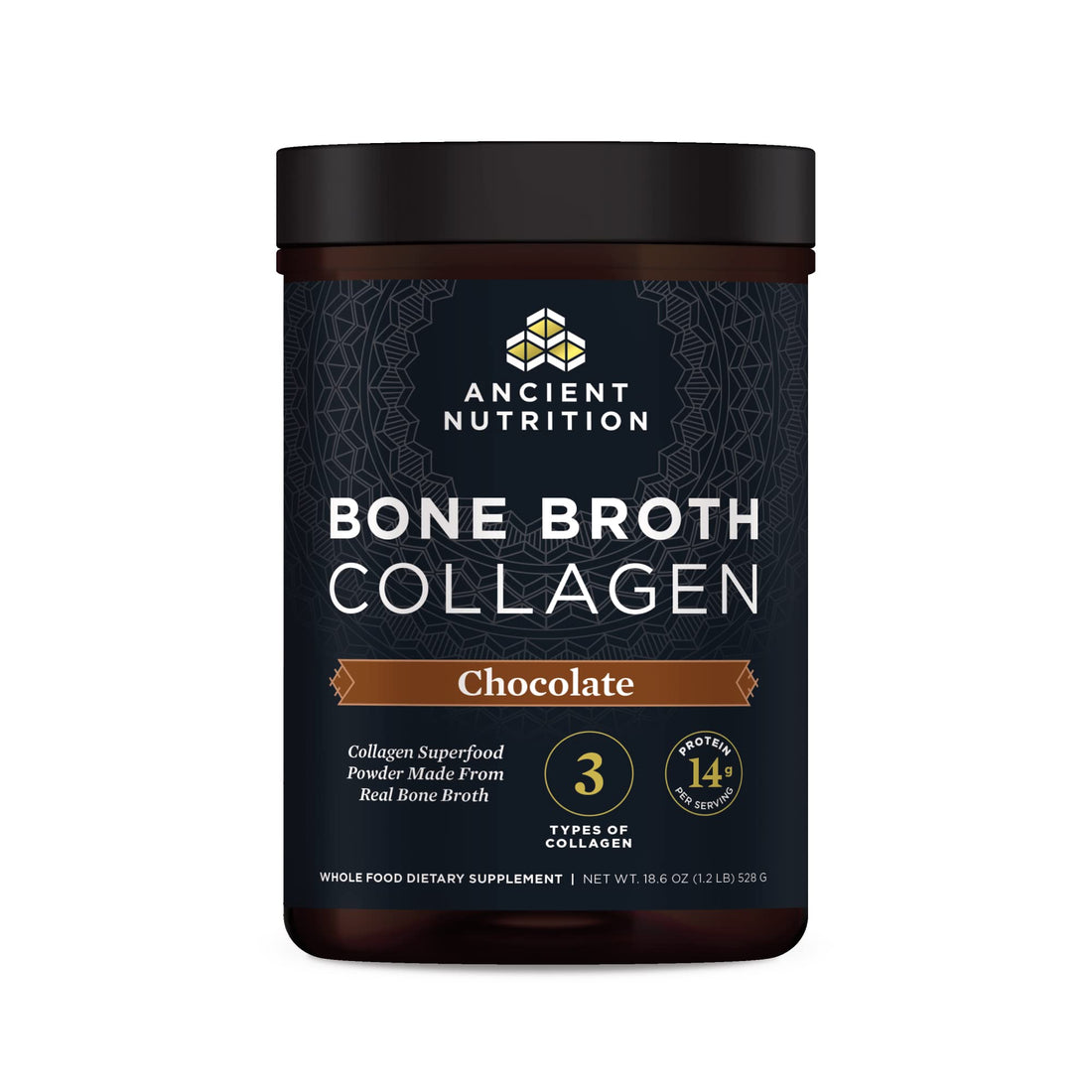 Collagen Powder, Bone Broth Collagen by Ancient Nutrition, Chocolate, Hydrolyzed Multi Collagen Peptides, Supports Skin and Nails, Joint Supplement, 30 Servings, 18.6oz