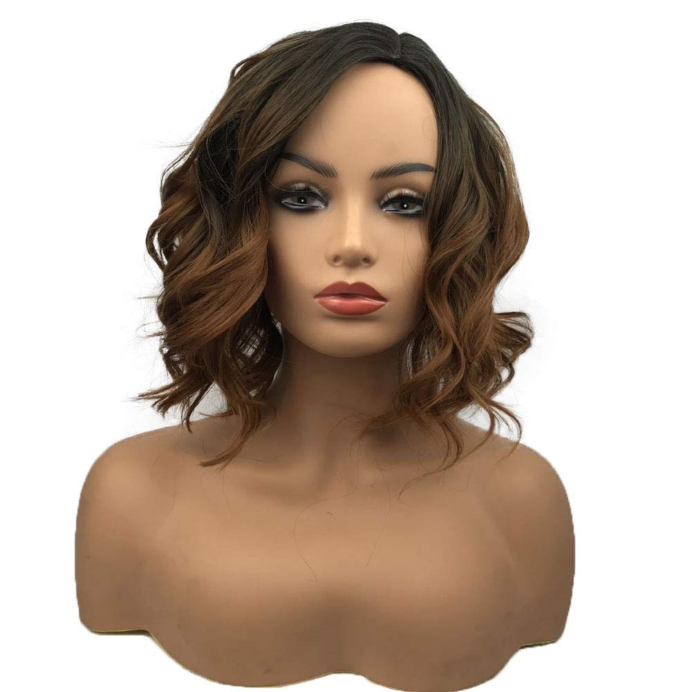 Wiginway Short Curly Wavy Wig Brown Ombre Bob Full Synthetic Wig For Women Medium 12 Inch
