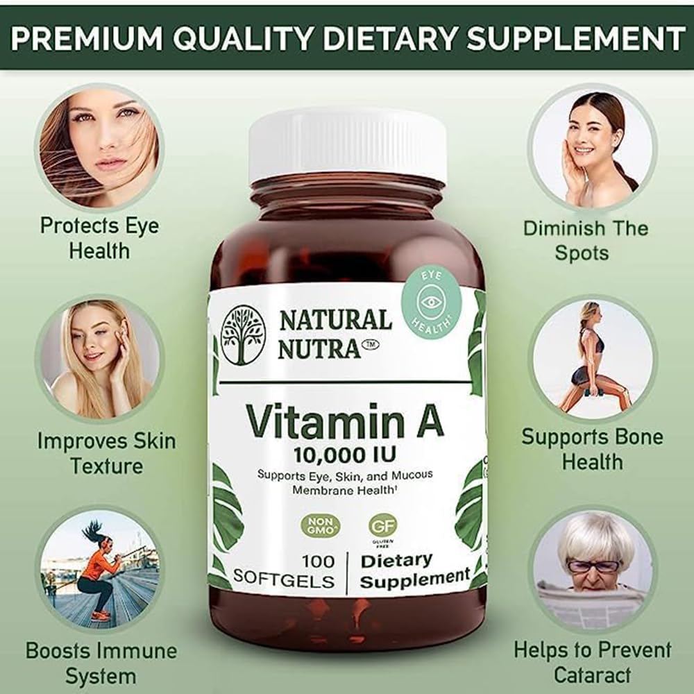 Natural Nutra Vitamin A 10,000 IU, Dietary Supplement from Cod Liver Oil, Help to Prevent Cataract, Extra Strength for Eye, Skin, Nails Health with Omega 3, 100 Gluten Free Softgels (3 Pack)