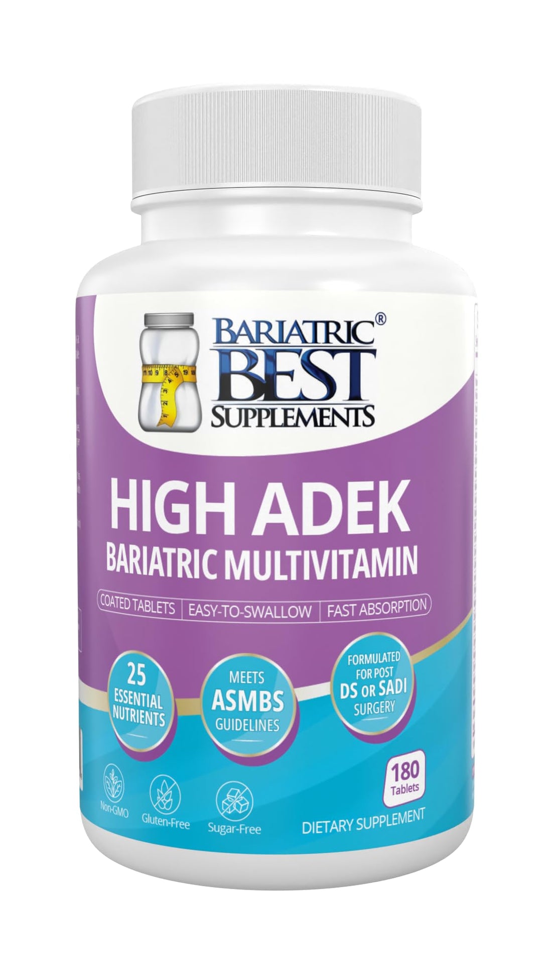 High A D E K Bariatric Multivitamin for Post DS/SADI Surgery, 25 Essential Nutrients for Post-Weight Loss Surgery, 180 Tablets, Meets ASMBS Guidelines for Bariatric Bypass