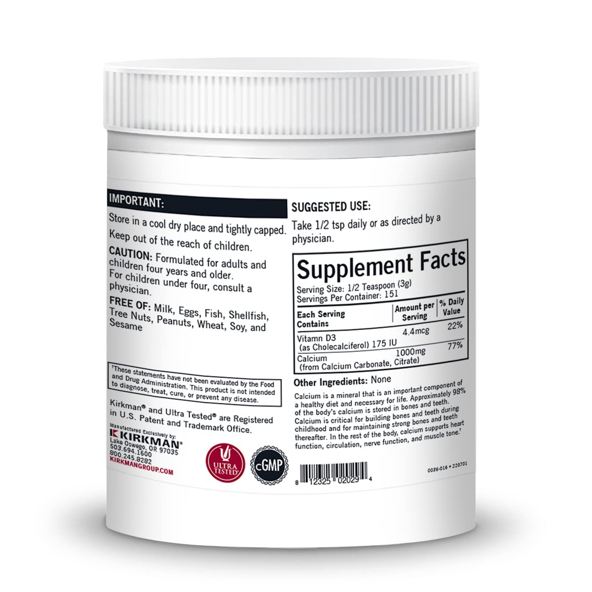 Kirkman – Purest Calcium with Vitamin D-3 –– 454 gm– 16 oz Powder - Unflavored - Hypoallergenic –– Minerals –– Gluten & Casein Free –– Tested for More Than 950 Environmental Contaminants