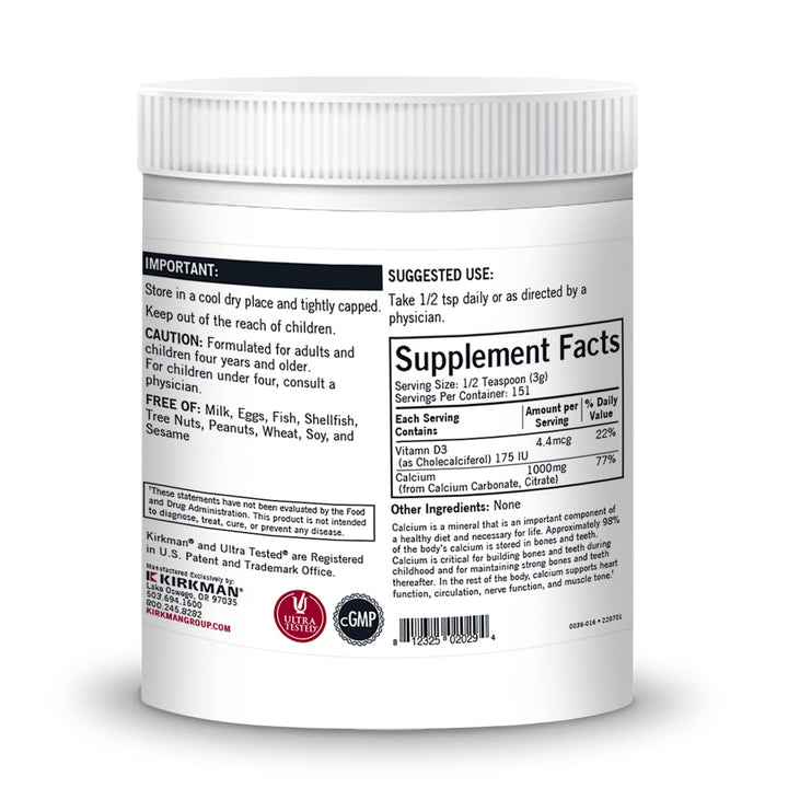 Kirkman – Purest Calcium with Vitamin D-3 –– 454 gm– 16 oz Powder - Unflavored - Hypoallergenic –– Minerals –– Gluten & Casein Free –– Tested for More Than 950 Environmental Contaminants