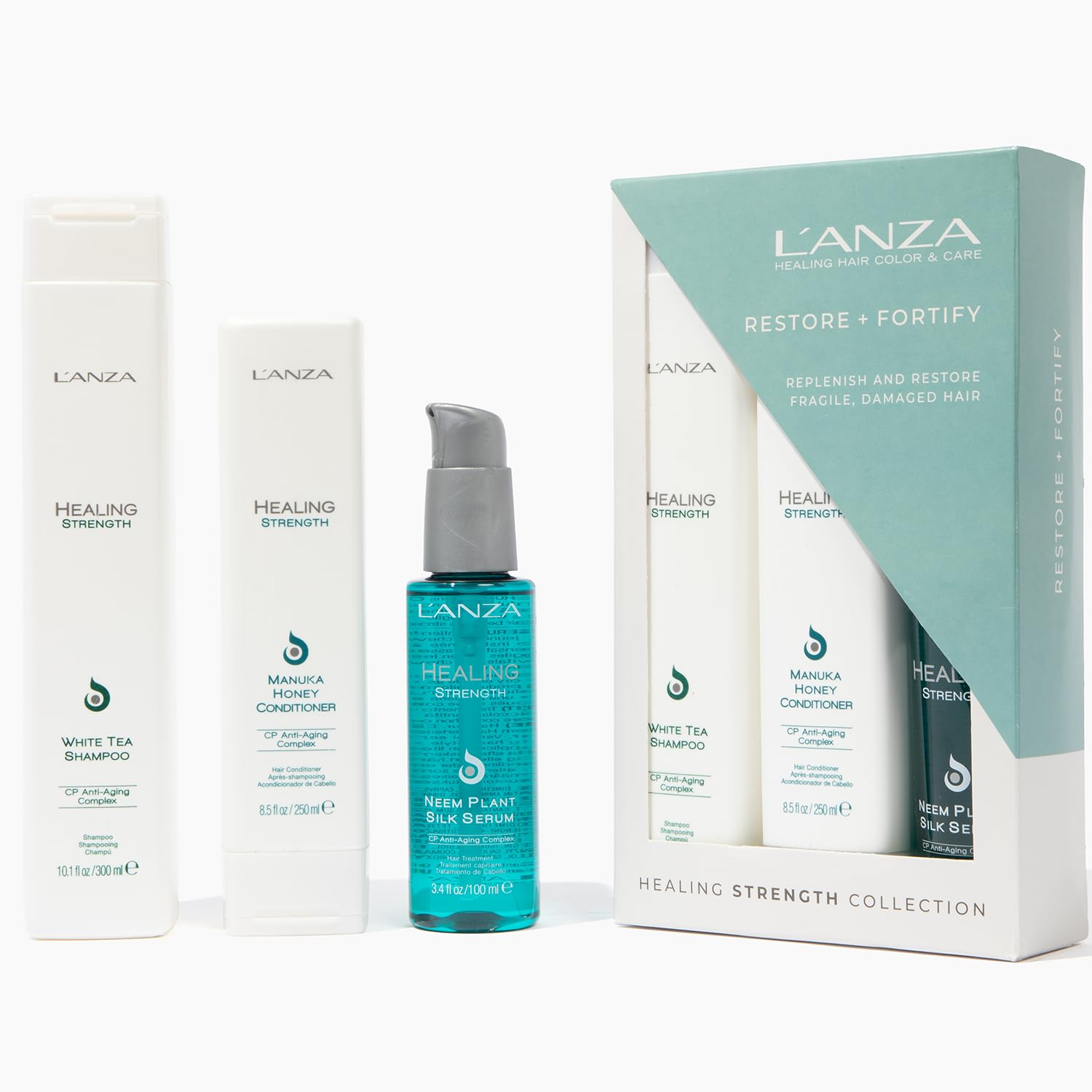 L'ANZA Healing Strength Trio Hair Kit, White Tea Shampoo, Manuka Honey Conditioner & Neem Plant Silk Hair Serum in a Gift Box, Luxury Hair Care Kit for Dry, Damaged Hair (10.1/8.5/3.4 Fl Oz)