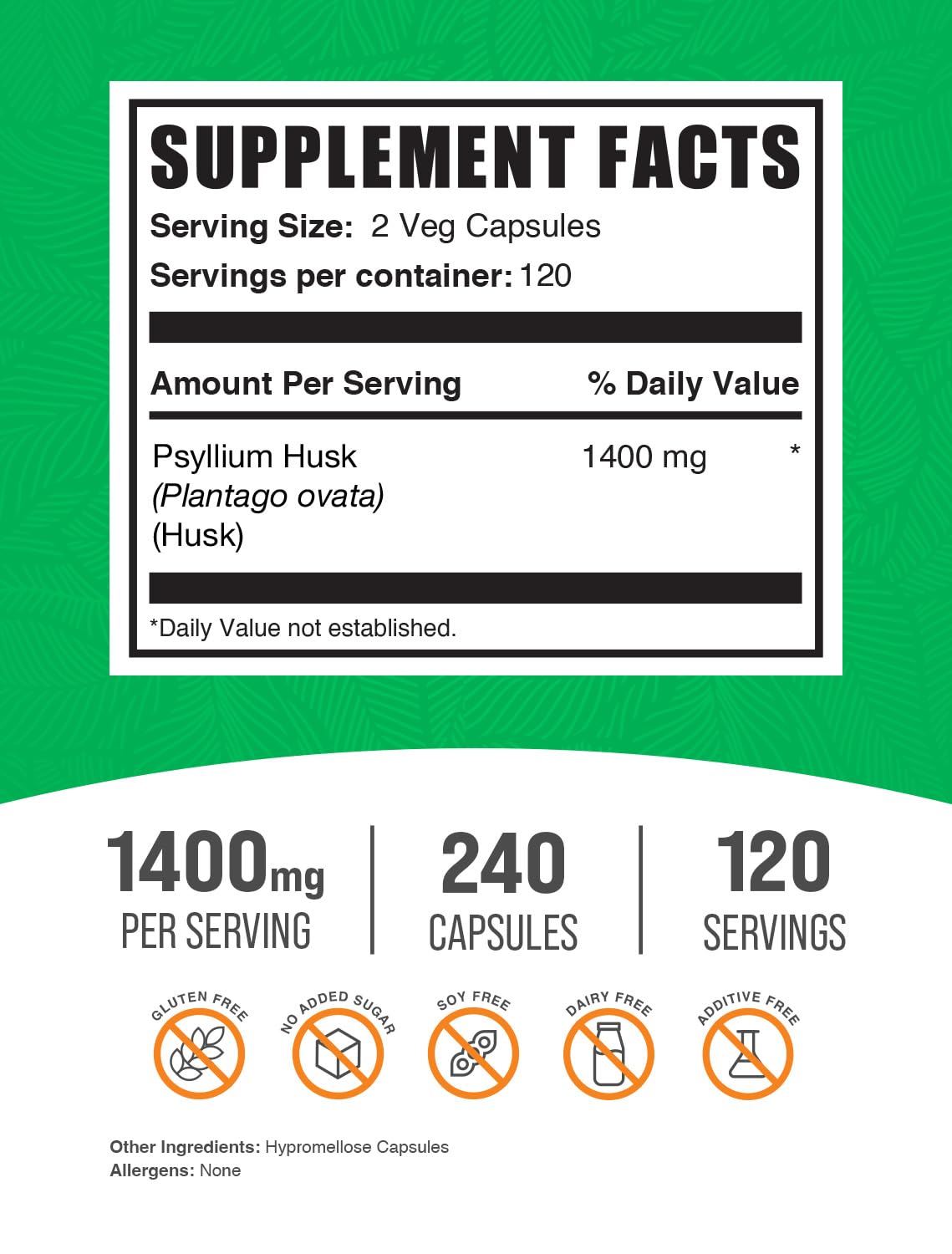 BulkSupplements.com Psyllium Husk Capsules - Psyllium Supplement, Psyllium Husk Fiber Capsules - Vegan & Gluten Free, 2 Capsules per Serving, 240 Veg Capsules (Pack of 1)