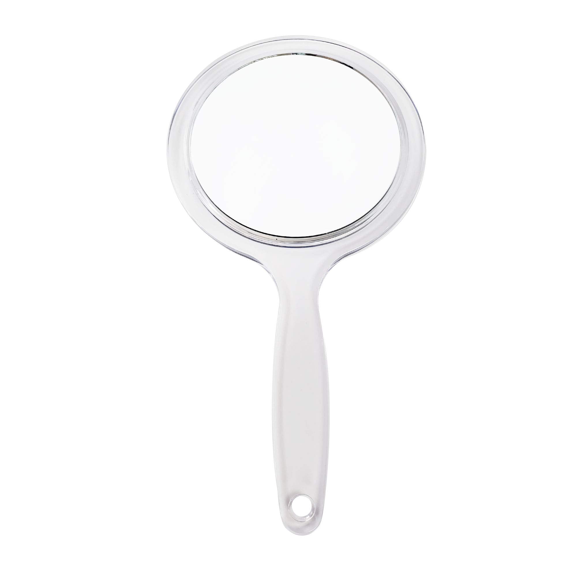 Clear acrylic handheld double sided mirror with a 10X/1X magnification 5.5 diameter