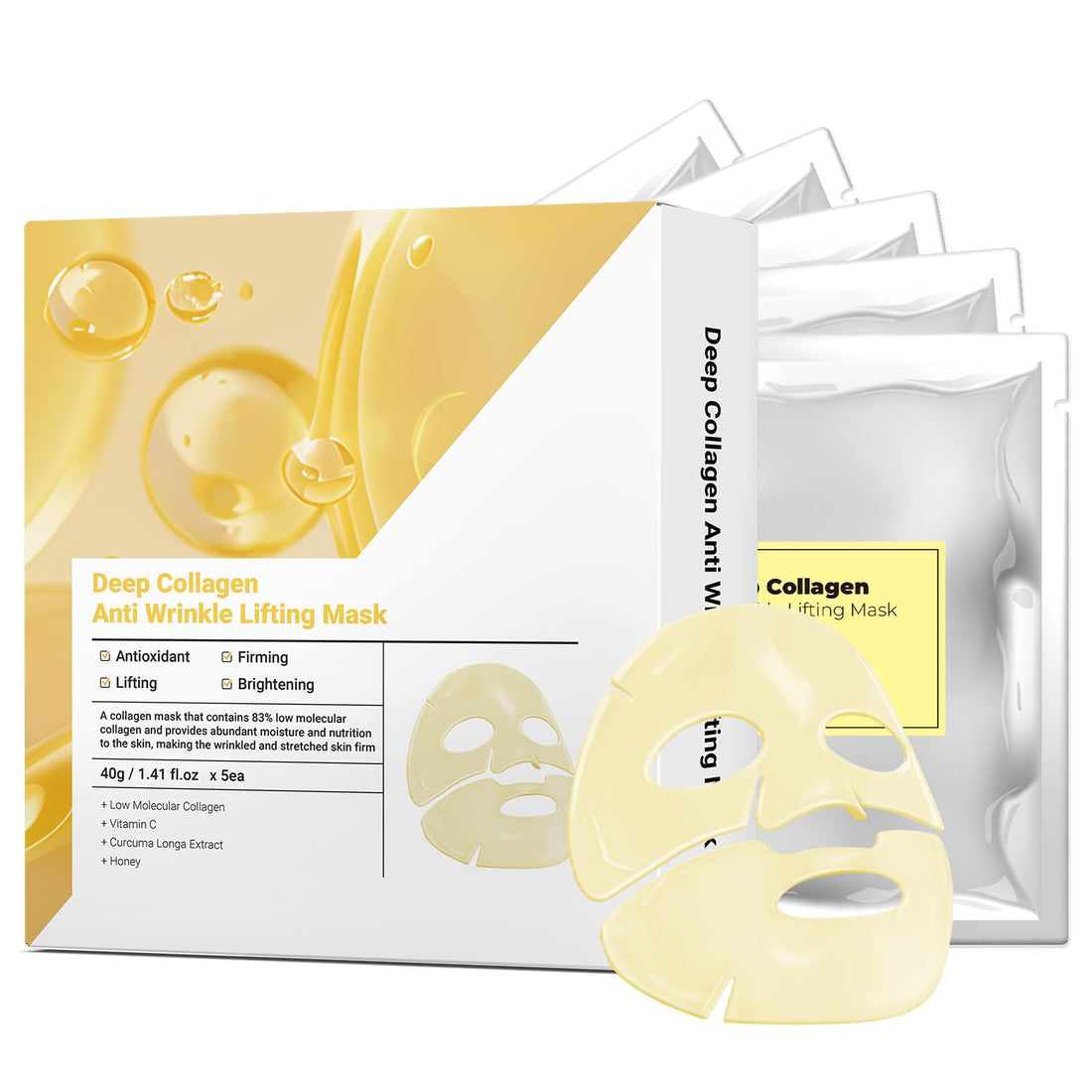 MUQIAN Vitamin C & Turmeric Hydrating Collagen Face Mask Sheet with Honey for Radiant Skin for Lifting, Firming, and Moisturizing 40g x 5ea