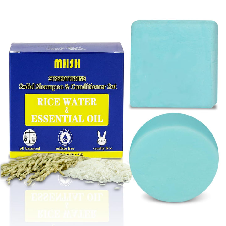 MHSH Rice Water Shampoo and Conditioner for Hair Growth & Strengthening, 95g Shampoo Bar & 60g Conditioner Soap for All Hair Types, Paraben & Sulfate Free