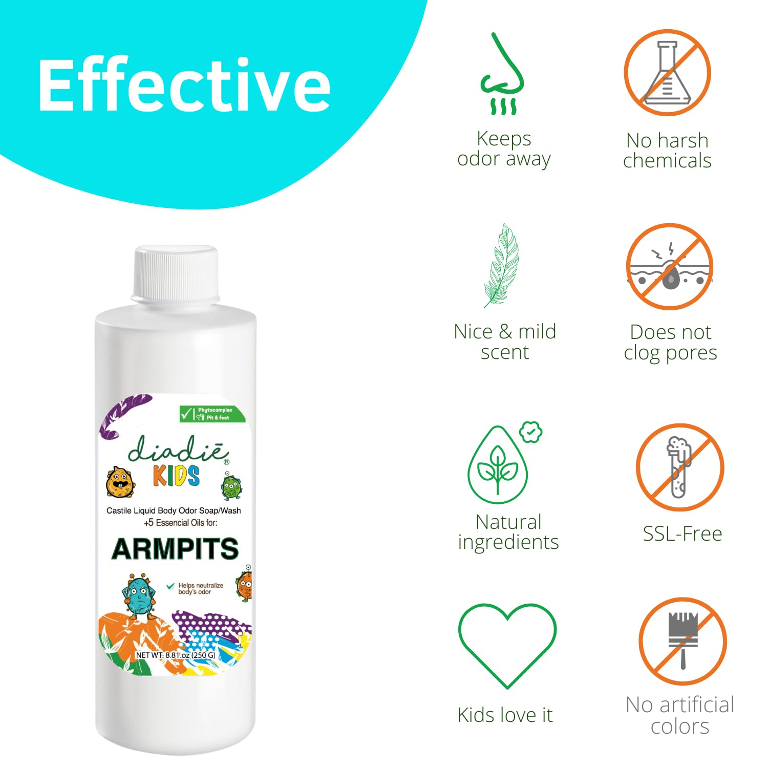 Diadié Kids Natural Castile Liquid Body Odor Soap/Wash, For Armpits, Boys or Girls, Made With 5 Essential Oils, 8.81 oz, 1 Pack