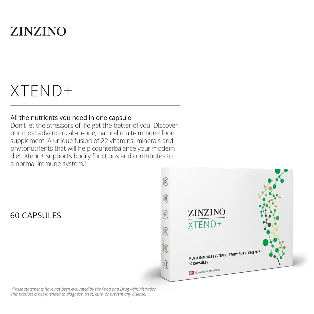 Zinzino Xtend + - Multi Immune Supplement - Essential Vitamins, Minerals & Vitamin C for Immune Support, Energy & Focus - 60 Capsules