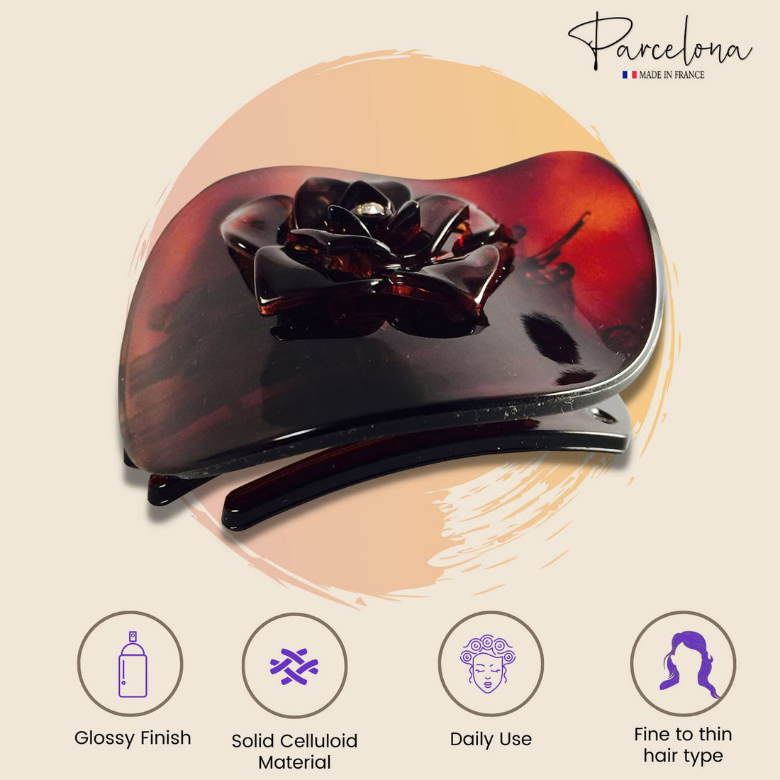 Parcelona French Onde Crystal Flower Shell Brown Round Celluloid Side Slide in Beak Style Hair Slider Claw Clip 2 3/4 Inch