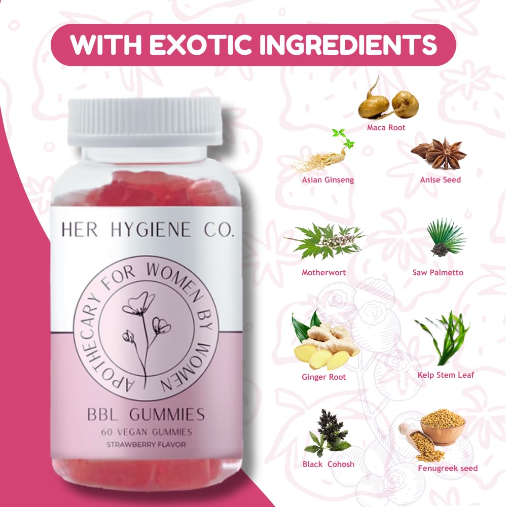 Her Hygiene Co. Big Booty Enhancer Gummies for Women, Glute Boost Multivitamin for Bigger, Firmer Curves & Workout Support, Butt Enhancing Gummy, Strawberry-Flavored Vegan 60 Gummies