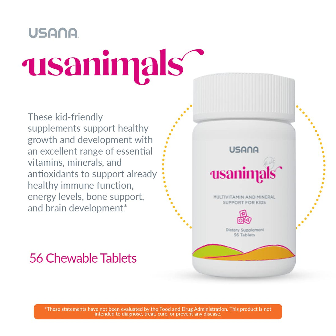 USANA Usanimals Multivitamin for Kids - Daily Chewable Tablets with Vitamins A, C, D, E, B6, B12, Zinc, Iron - Supports Immune, Bone & Brain Health - Essential Nutrients for Ages 2-12 - 56 Tablets