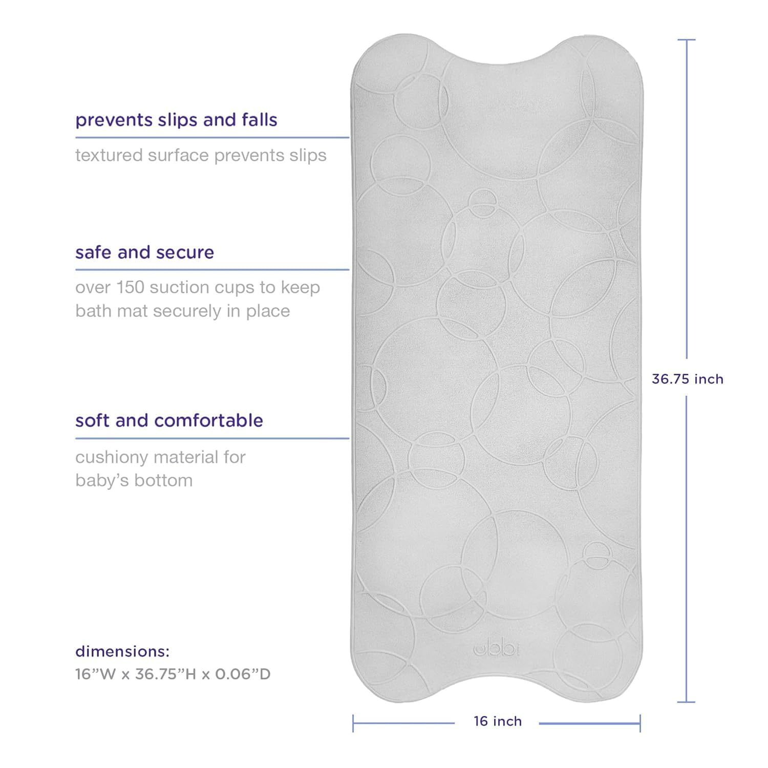 Ubbi Cushioned Non-Slip Bath Mat for Baby, Powerful Suction Cups, Baby Bathtub Time Essentials, Gray