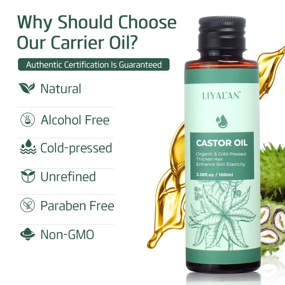 LIYALAN Natural Pure Castor oil Cold Pressed Unrefined for Hair repair,Face,Body Massage Carrier Oil Skin Care, for Damaged Hair,Nourish Hair Scalp Smooth Skin 3.38 fl.oz