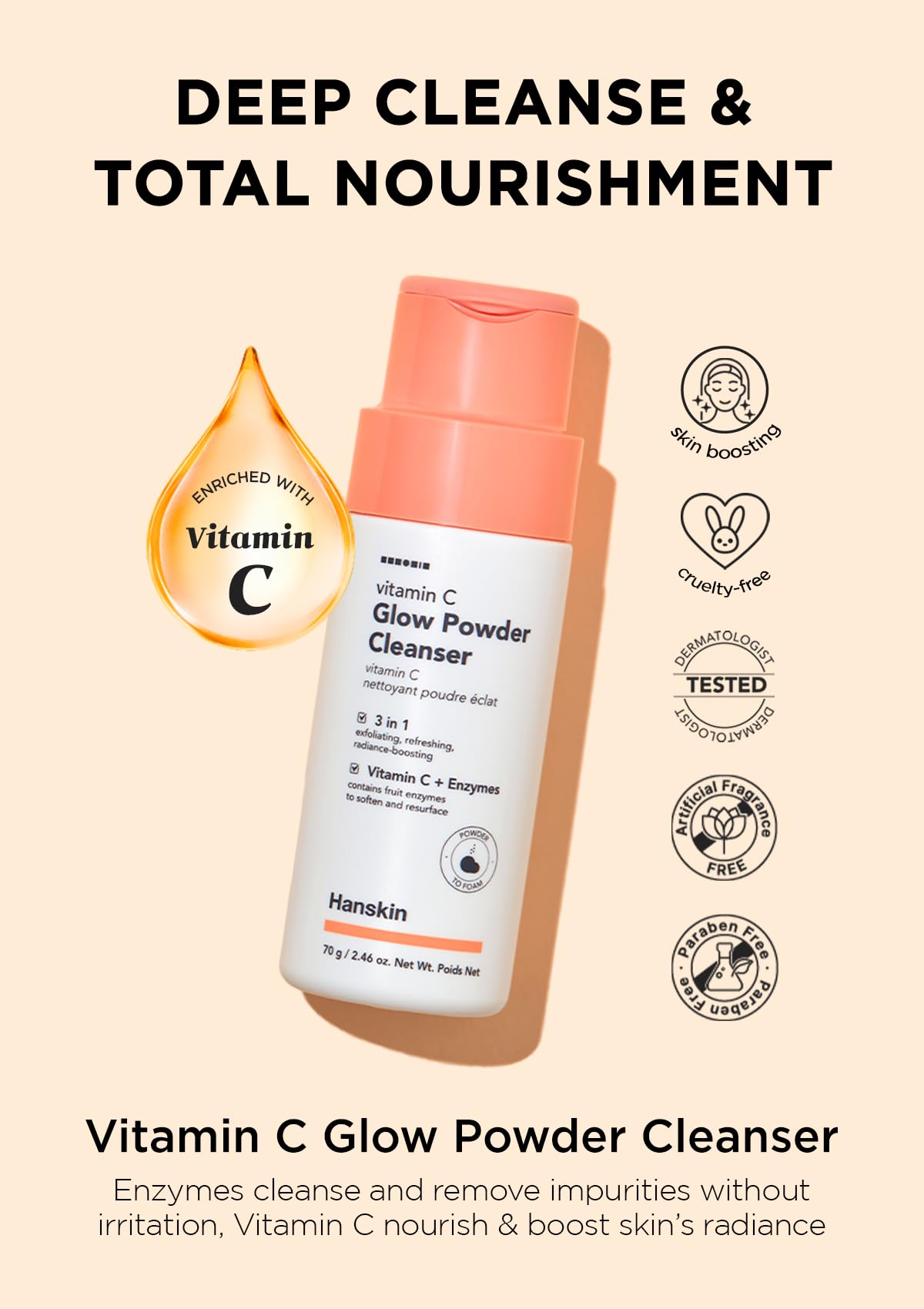 Hanskin Vitamin C Glow Powder Cleanser - Gentle Face Wash for Brightening & Radiant Skin, Papaya Enzyme Powder Facial Cleanser for Dry Skin, Exfoliating & Refreshing Korean Skincare [2.36 fl oz.]