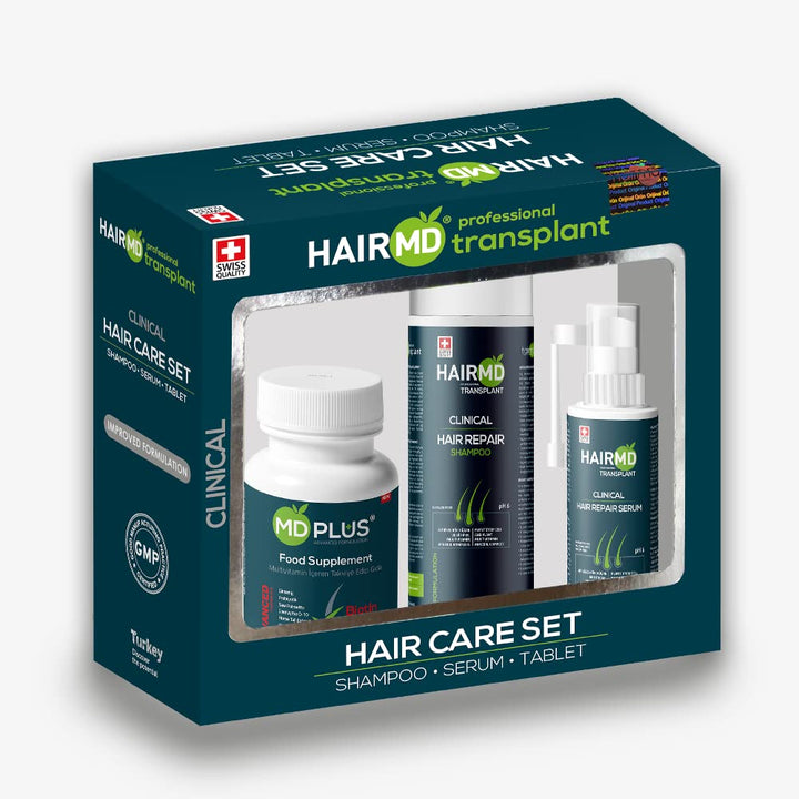 HairMD Post-Transplant Hair Care Set - 1-Month Treatment with Shampoo, Serum, Multivitamins Enriched with Biotin, Keratin, Collagen