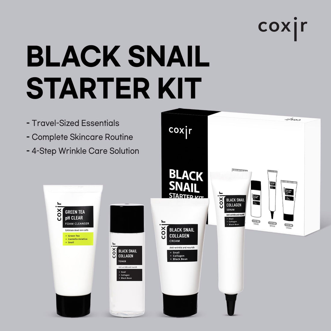 coxir BLACK SNAIL COLLAGEN STARTER KIT l Repairing&Firming | Black-3-Complex: Black Rice, Bean, Sesame, Snail Mucin, Collagen FOAM CLEANSER+TONER+SERUM+CREAM [3.19 fl.oz (Pack of 1)]