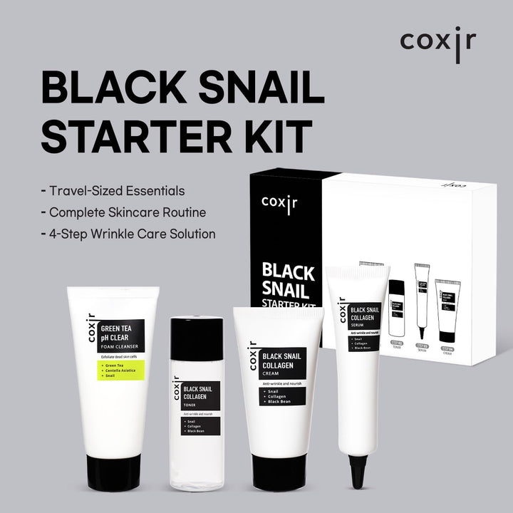coxir BLACK SNAIL COLLAGEN STARTER KIT l Repairing&Firming | Black-3-Complex: Black Rice, Bean, Sesame, Snail Mucin, Collagen FOAM CLEANSER+TONER+SERUM+CREAM [3.19 fl.oz (Pack of 1)]