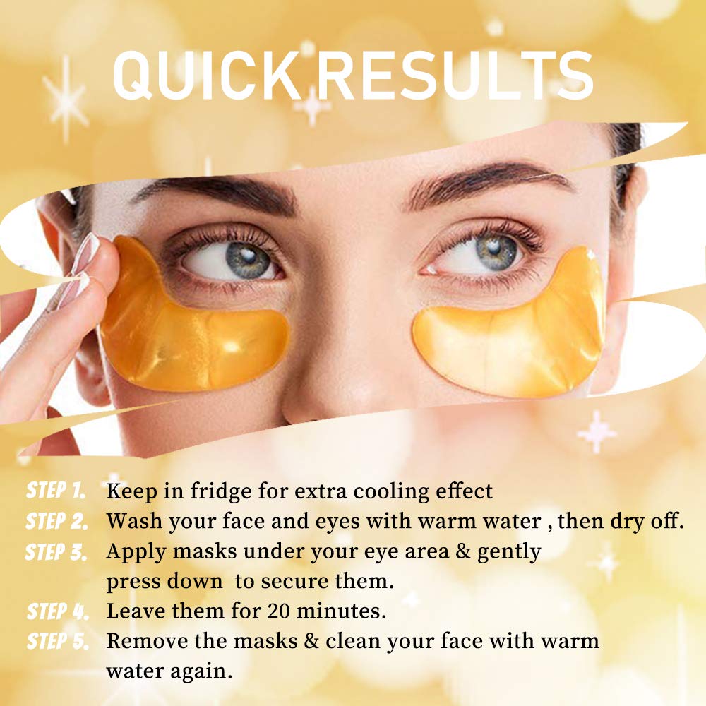 Vandarllin 20 Pairs: 24K Gold Powder Gel Collagen Eye Masks Sheet Patch, Anti Aging, Remove Bags, Dark Circles &Puffiness, Anti Wrinkle, Moisturising, Hydrating, Uplifting Whitening, Remove Blemish