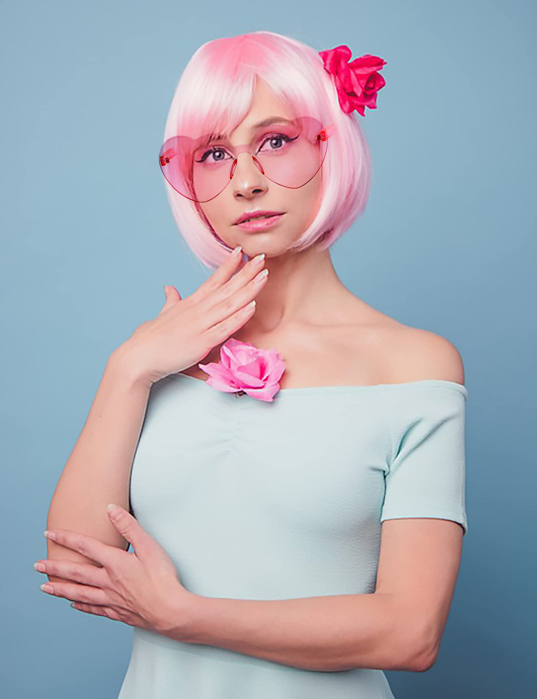 LIULIUBTY Short Bob Hair Wigs Straight with Flat Bangs Synthetic Colorful Cosplay Daily Party Neon Wig for Women + Free Wig Cap 12 Natural As Real (Cute Pink)