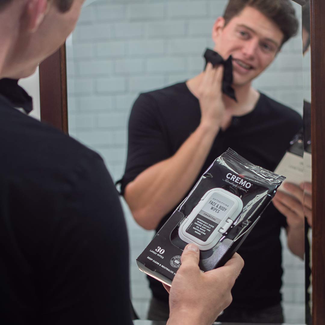 Cremo Activated Charcoal Detoxifying Face & Body Wipes, A Fresh Scent with Notes of Fig, Citrus