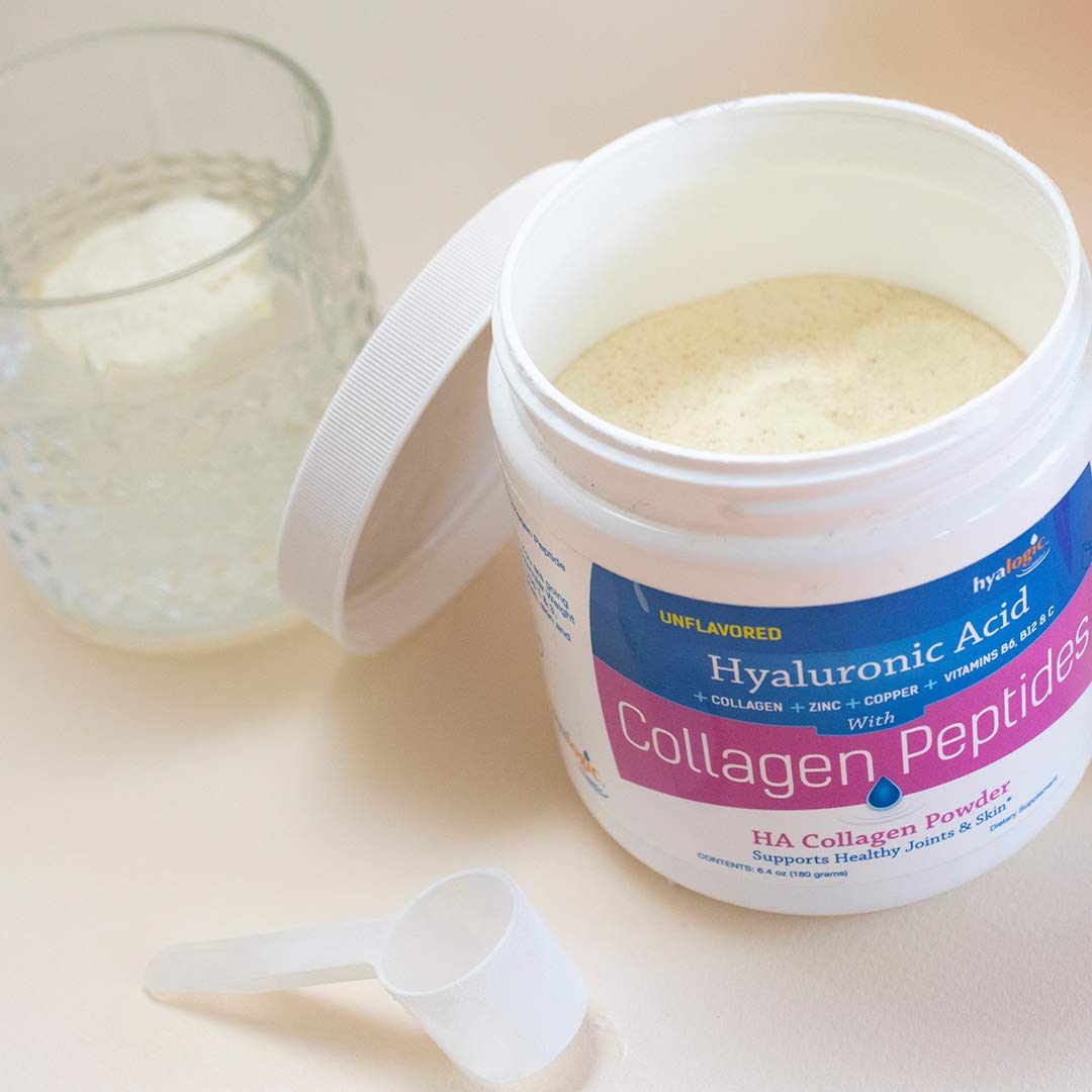 Hyalogic Collagen Peptides Powder w/Hyaluronic Acid, Hydrolyzed Types 1 & 3, Grass Fed, Keto Protein Powder Supplement for Hair Growth, Skin, Nails, Joints Unflavored Easy to Mix 6.4 oz (180 gr.)