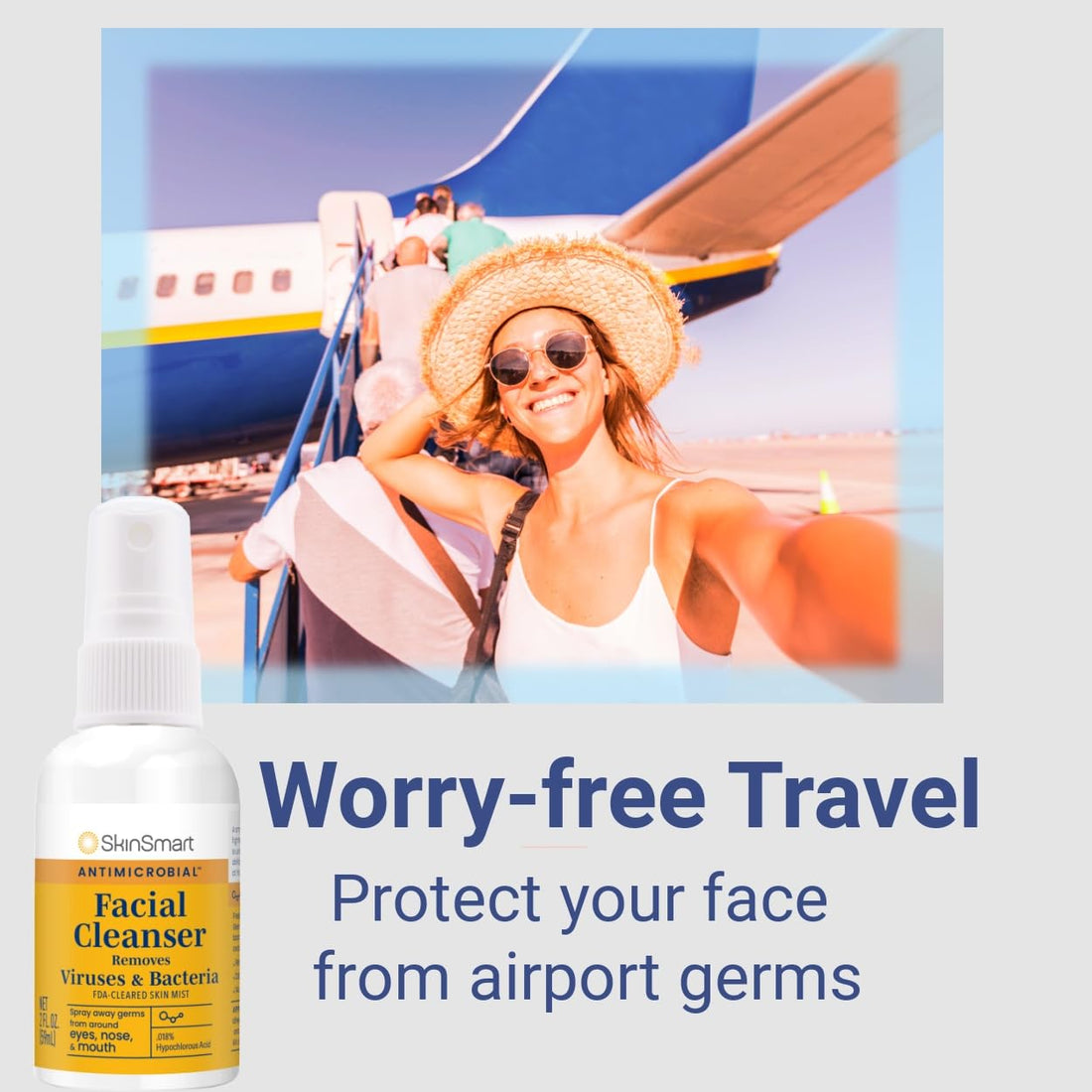 SkinSmart Antimicrobial Facial Cleanser Spray to Remove Viruses and Bacteria Around Eyes, Nose and Mouth, Fight Maskne, 2 oz Spray (3 Pack) Non-Irritating Hypochlorous Acid