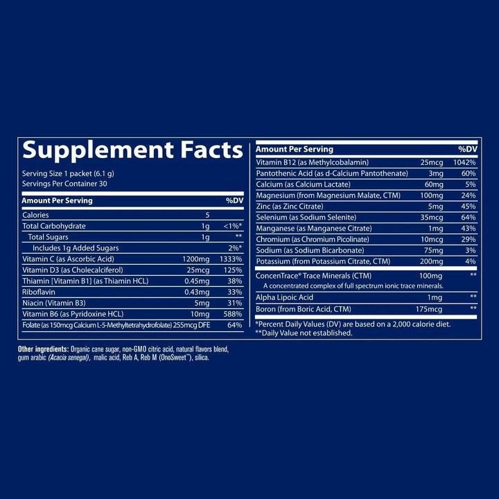 Trace Minerals | Power Pak Electrolyte Powder Packets | 1200 mg Vitamin C, Zinc, Magnesium | Boost Immunity, Hydration and Natural Energy | Lemon Lime | 30 Packets