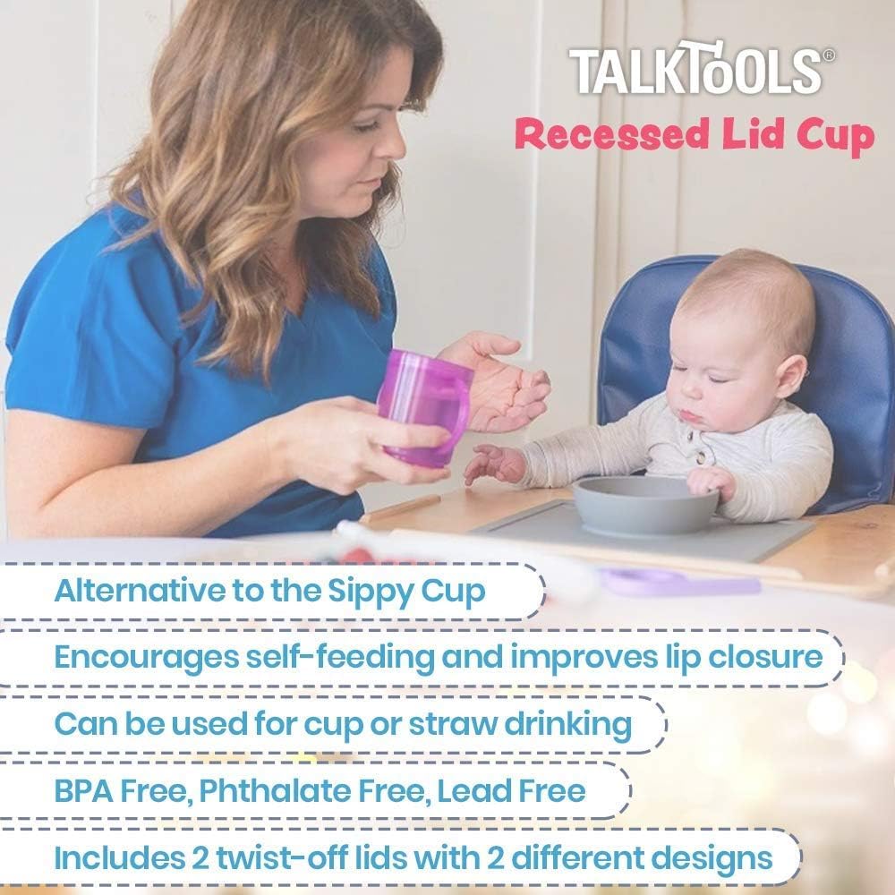 TalkTools Recessed Lid Cup with Handles - 2 Lids Included for Cup or Straw Drinking - Speech Therapy Tool