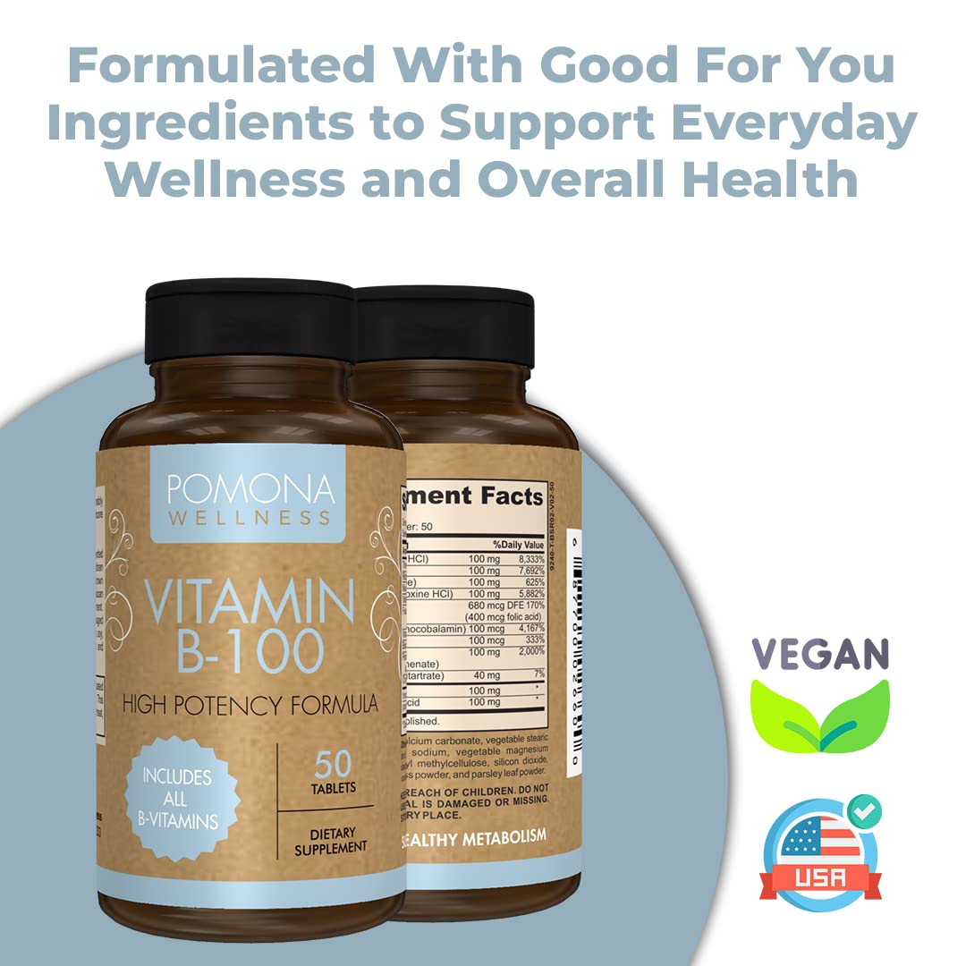 Pomona Wellness Vitamin B Complex Supplement with Folic Acid, High Potency Multivitamin, All 10 B Vitamins Including B12, Supports Energy Levels, Heart Health, Non-GMO, 50 Tablets