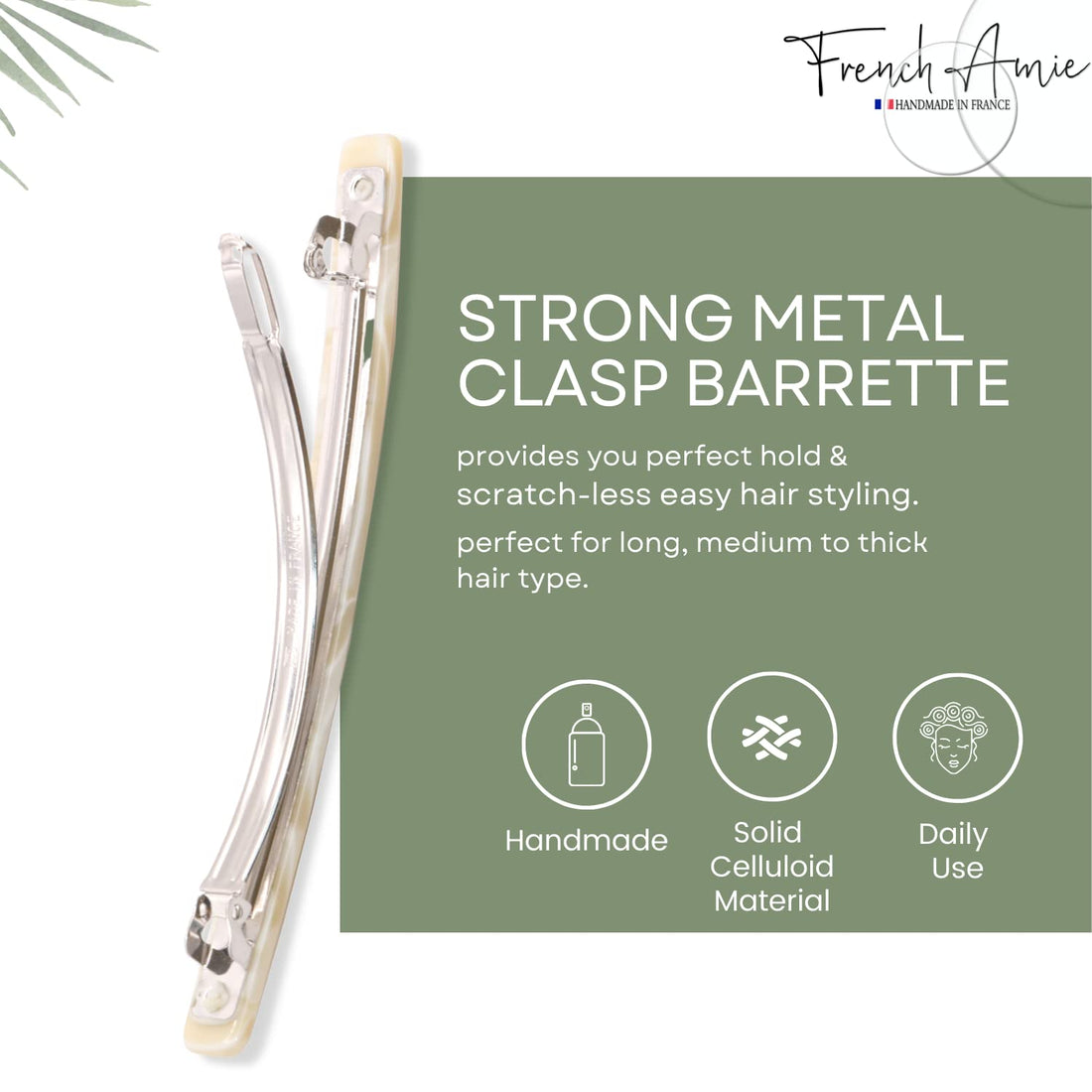 French Amie Long And Thin Handmade Celluloid Pearl Ivory Hair Clip Barrette 4 Inches (Cream Nouget)