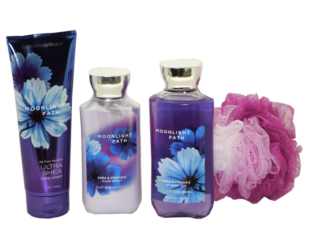 Bath & Body Works Signature Collection Moonlight Path Gift Set - Bundle - 4 items: Ultra Shea Cream, Body Lotion, Shower Gel, and Shower Sponge