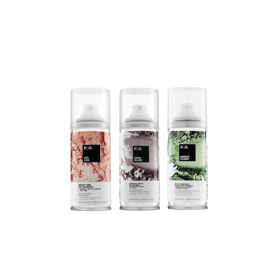 IGK Dry Shampoo Travel Size Variety Set | First Class, Jet Lag, Direct Flight | 3 Pack (2.0 oz each)