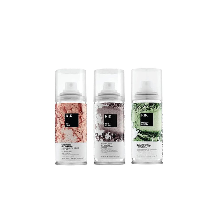 IGK Dry Shampoo Travel Size Variety Set | First Class, Jet Lag, Direct Flight | 3 Pack (2.0 oz each)