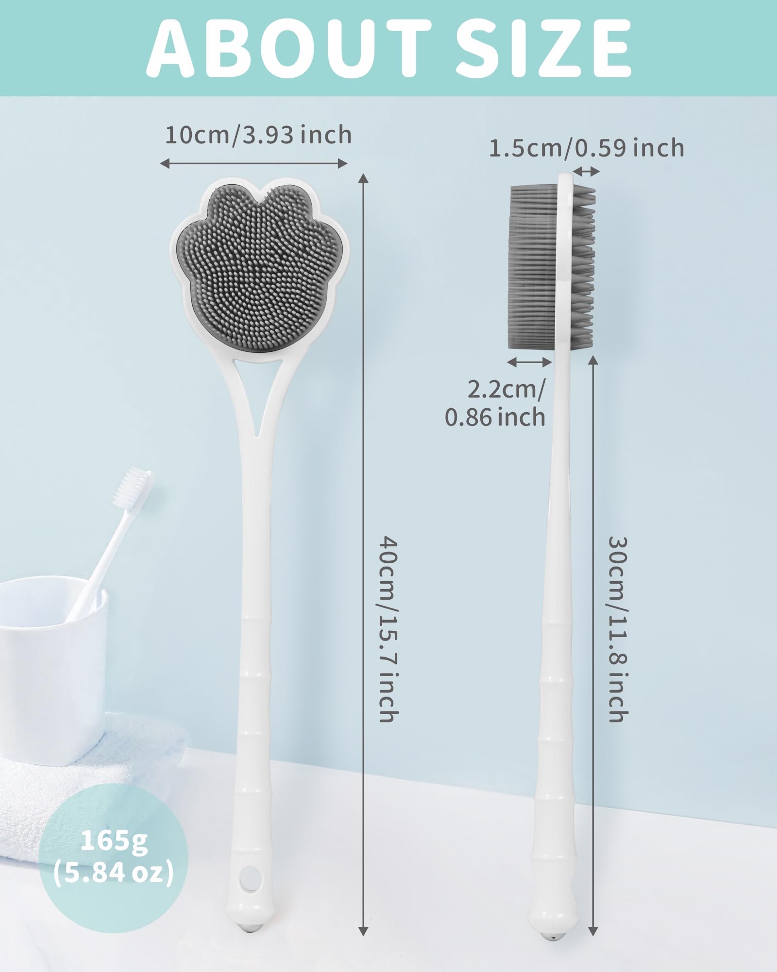 Manmihealth 15.7 Cute Back Scrubber & Soft Silicone Shower Brush Face Scrubber Set (3 PCS), Paw-Shaped Silicone Back Brush & Body Facial Scrubber with Super-Soft Bristles Combination(GraySet)