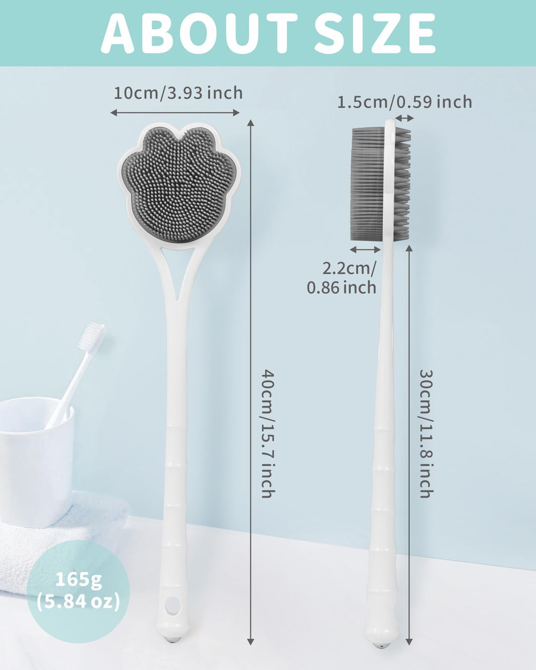 Manmihealth 15.7 Cute Back Scrubber & Soft Silicone Shower Brush Face Scrubber Set (3 PCS), Paw-Shaped Silicone Back Brush & Body Facial Scrubber with Super-Soft Bristles Combination(GraySet)
