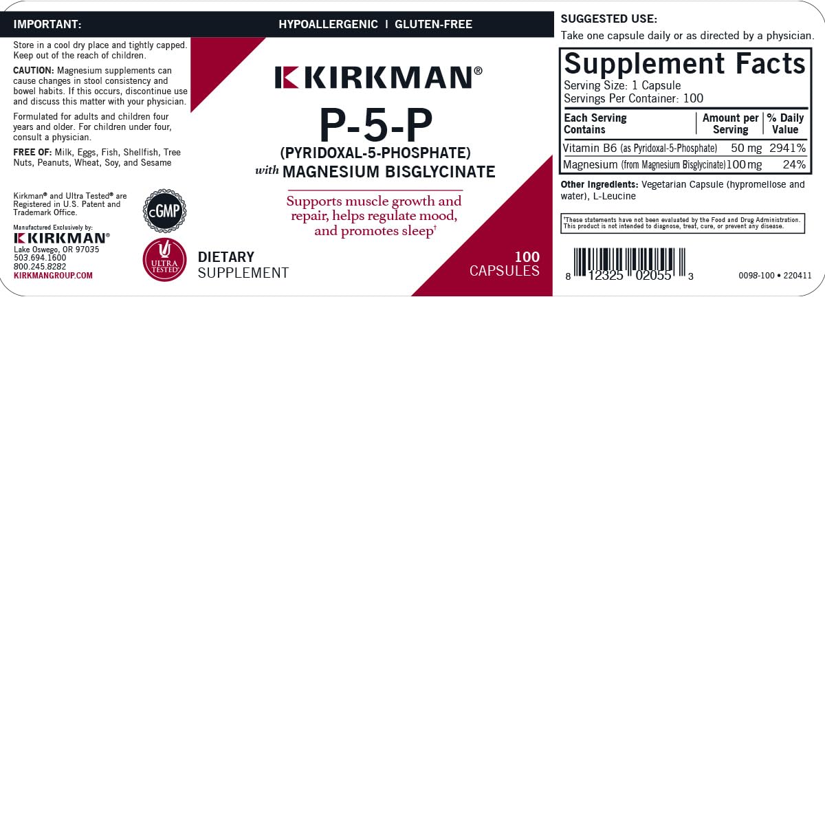 Kirkman – P-5-P (Pyridoxal 5-Phosphate, Vitamin B-6 Metabolite) with Magnesium Bisglycinate - Hypoallergenic