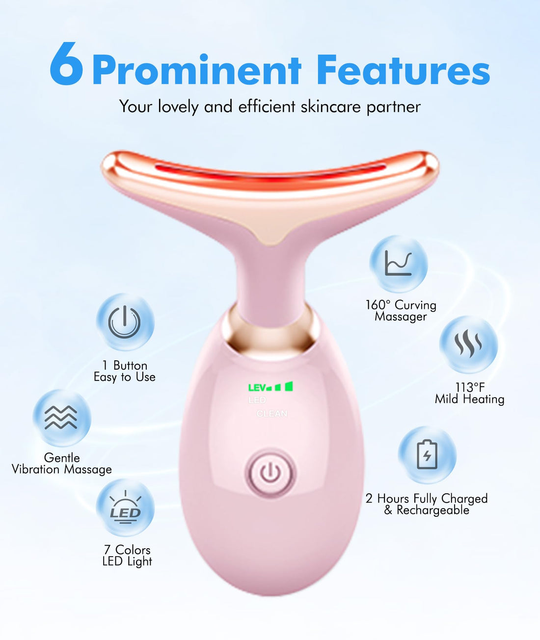 SDKWDH Red-Light-Therapy-for-Face-and-Neck, 7 Color Face Massager Tool for Wrinkles, Double Chin, Vibrating Facial Massager with Thermals for Skin Care, Glossy Pink