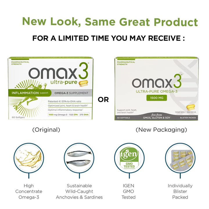 Omax3 4 Boxes Ultra-Pure Omega-3 Fish Oil Pills | High Concentration EPA DHA,1500 MG, Gluten Free, Non-GMO, Made in USA, 240 Softgels Blister Packs (4 Boxes)
