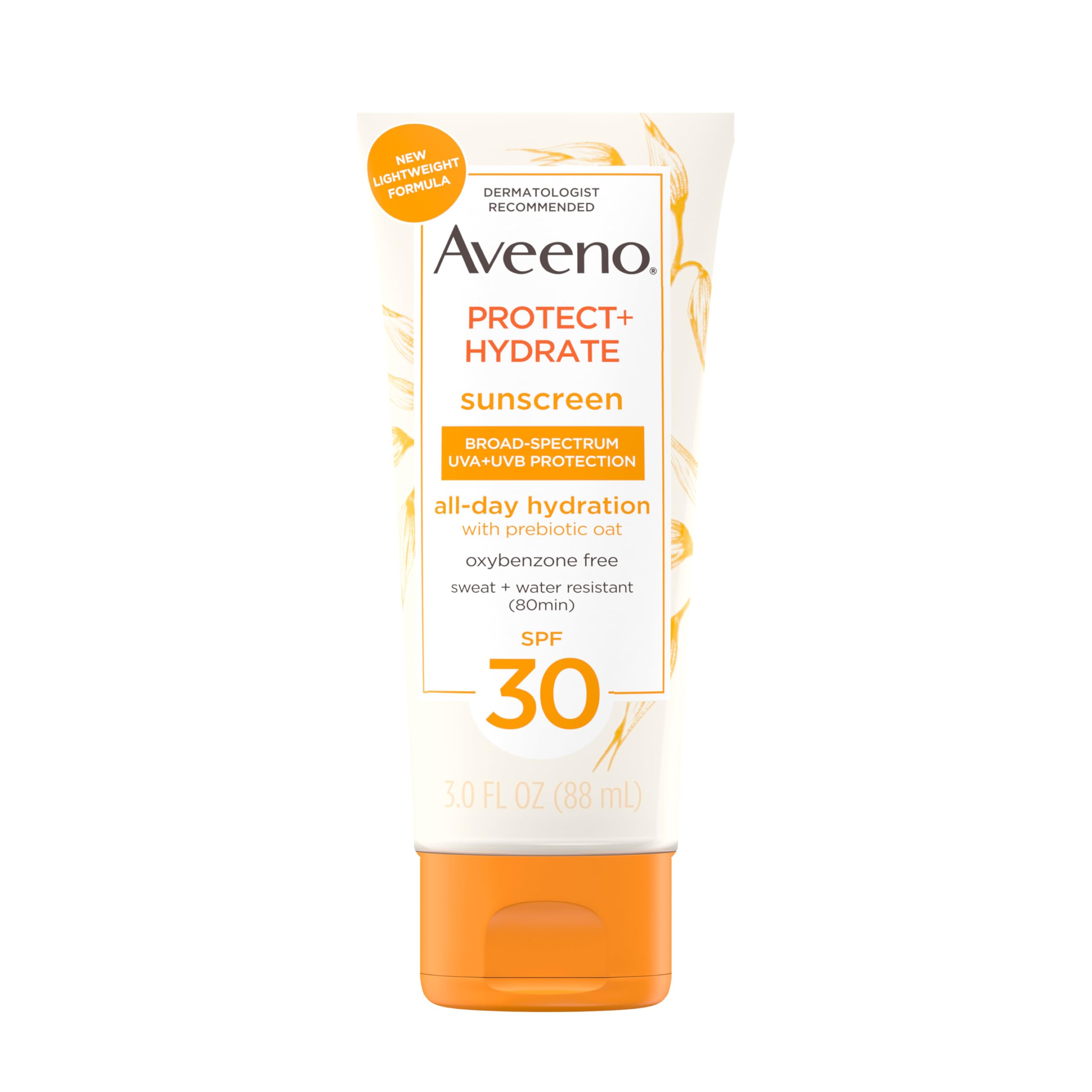 Aveeno Protect + Hydrate Moisturizing Body Sunscreen Lotion with Broad Spectrum SPF 30 & Prebiotic Oat, Weightless & Refreshing Feel, Paraben-Free, Oil-Free, Oxybenzone-Free, 3.0 fl. oz