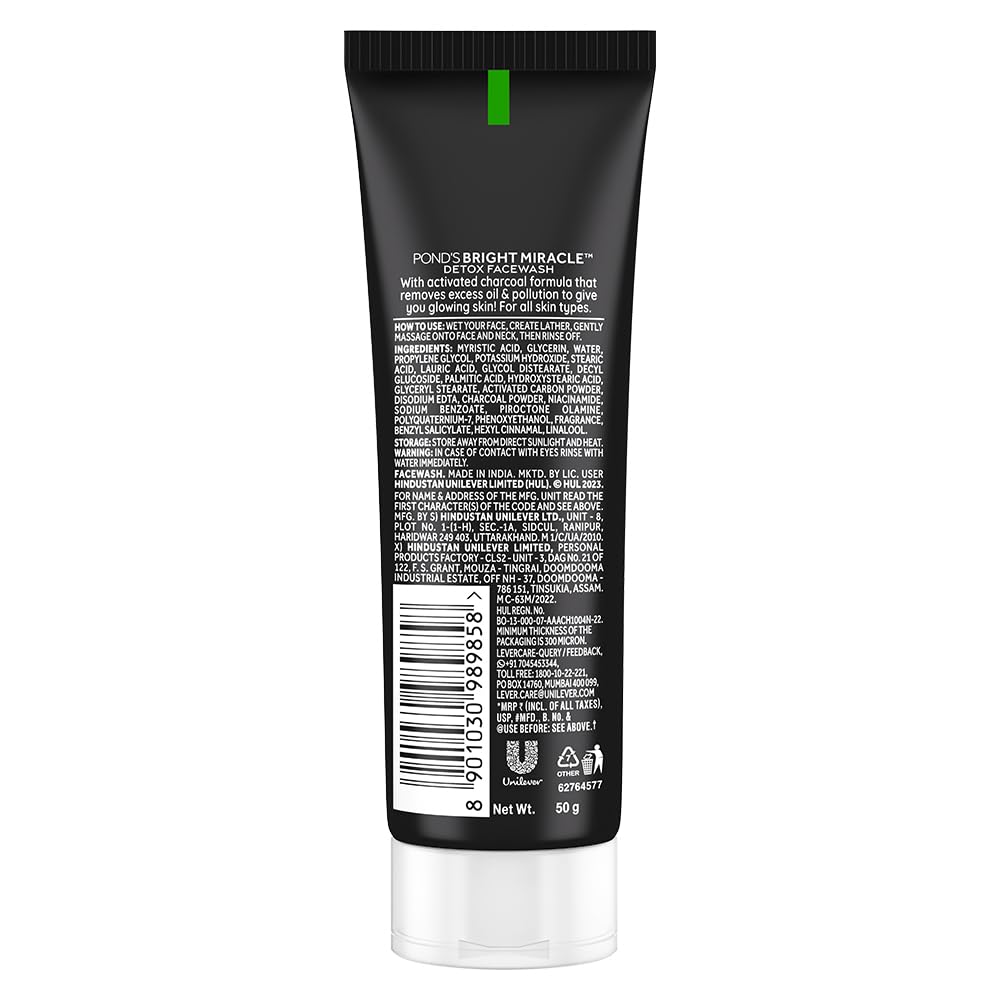 POND's Bright Miracle Detox Facewash | 10X Power Of Activated Charcoal| For Deep Cleaned Skin | Reveals Glow, Pollution Clear Face Wash, 50Gm
