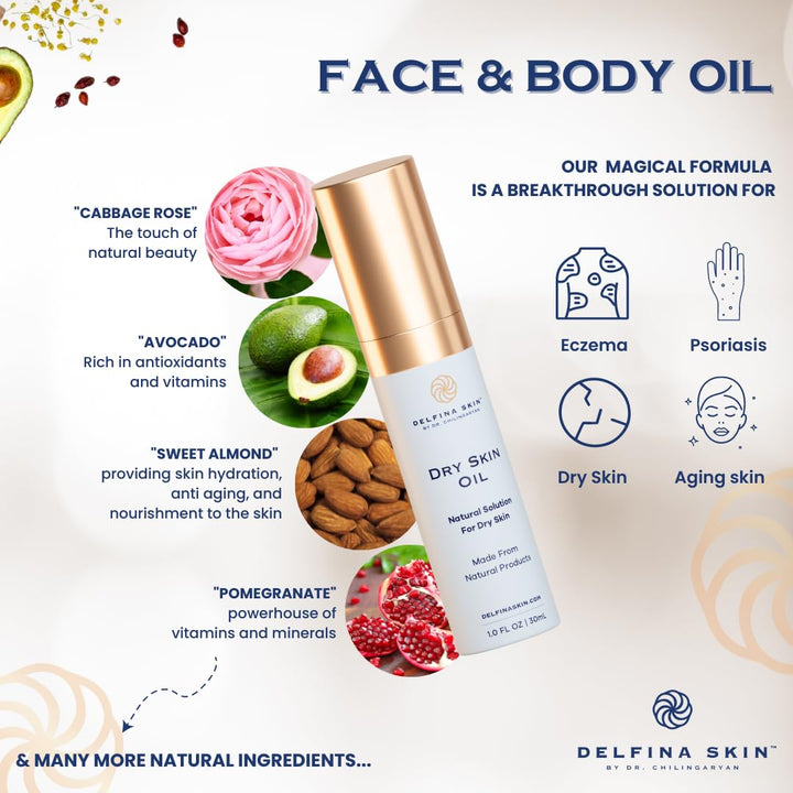 Delfina Dry Skin Oil - Eczema Psoriasis Treatment for Skin | Fast Absorbing and More Effective than Lotion for Extremely Dry Cracked Irritated Skin | Safe for All Ages