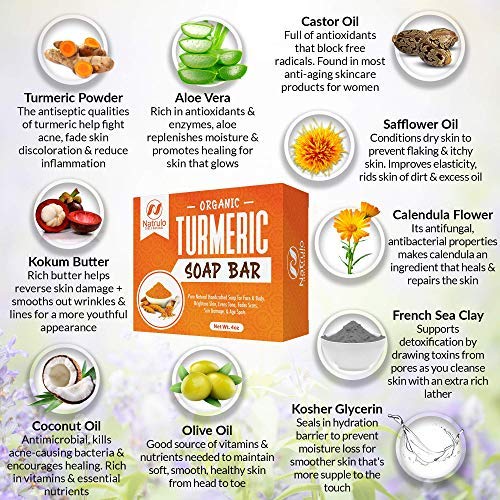 Organic Turmeric Soap Bar | Pure Natural Handcrafted Skincare, Made in USA Face & Body Cleanser with Calendula, Aloe Vera, French Clay | Brightens Skin, Evens Tone, Fades Scars, Sun Damage, Age Spots